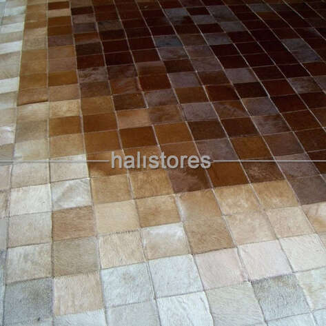 Deri Patchwork Halı Krem-Açık Kahve Geçişli - 3