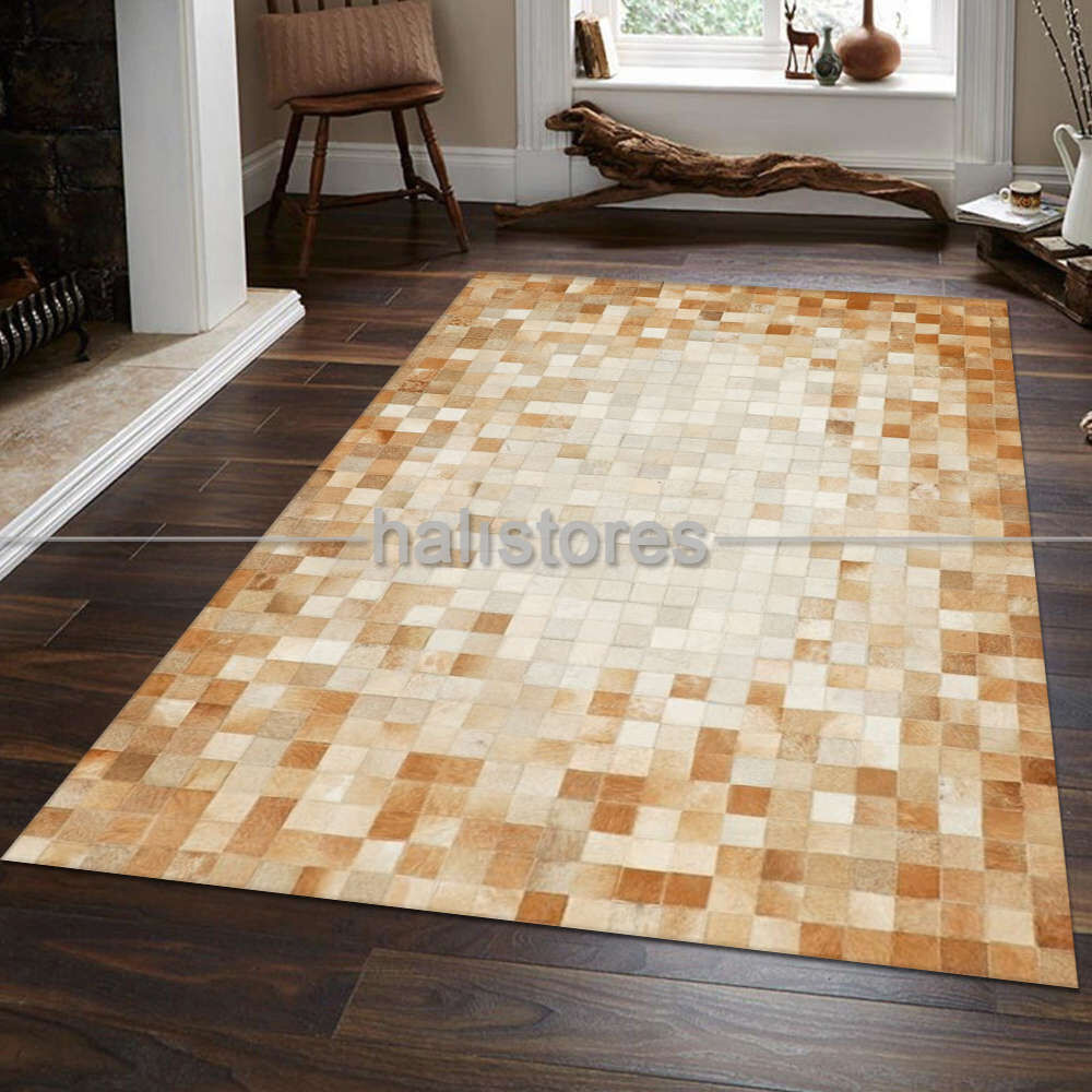 Deri Patchwork Halı Krem Geçişli