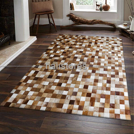 Deri Patchwork Halı Krem-Kahve - 1