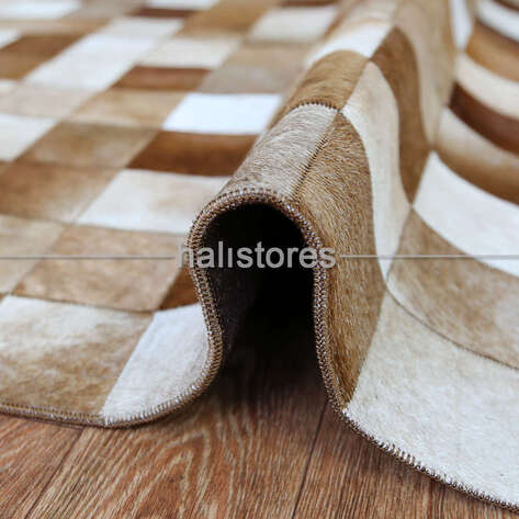 Deri Patchwork Halı Krem-Kahve - 4