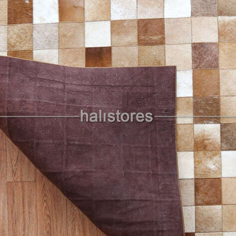 Deri Patchwork Halı Krem-Kahve - 7