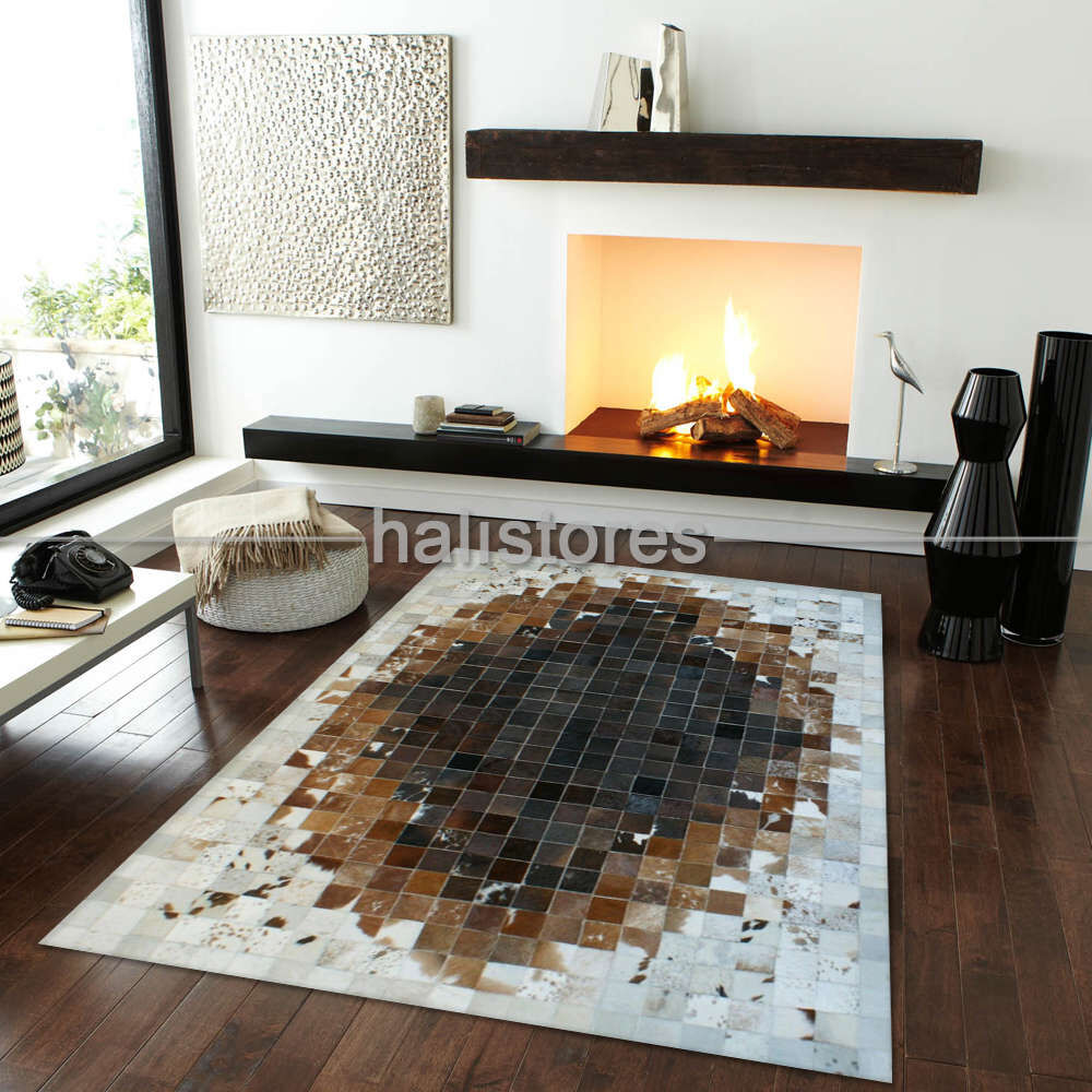 Deri Patchwork Halı Krem-Kahve Geçişli