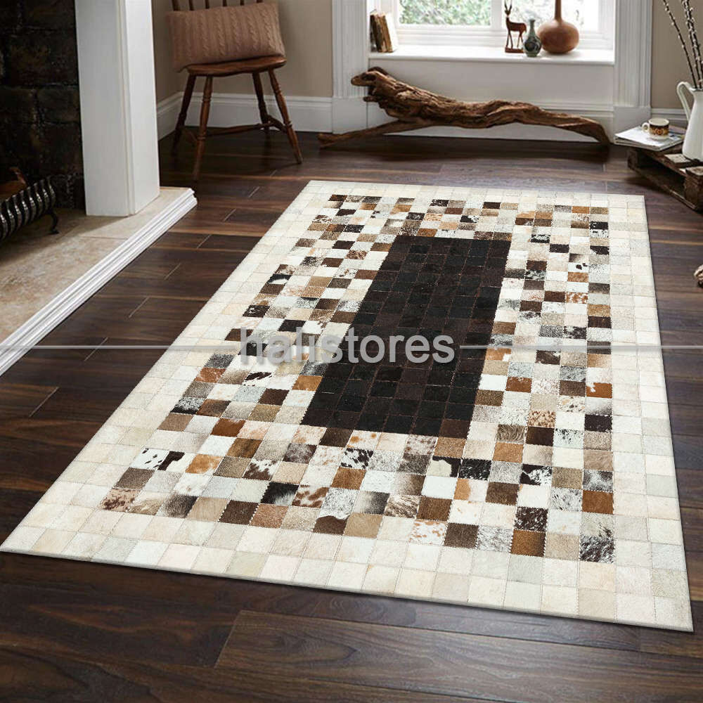 Deri Patchwork Halı Krem-Koyu Kahve