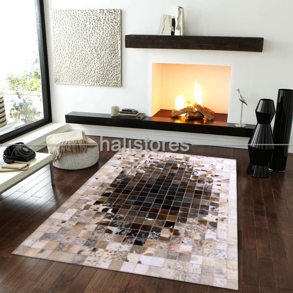 Deri Patchwork Halı Krem-Koyu Kahve Geçişli