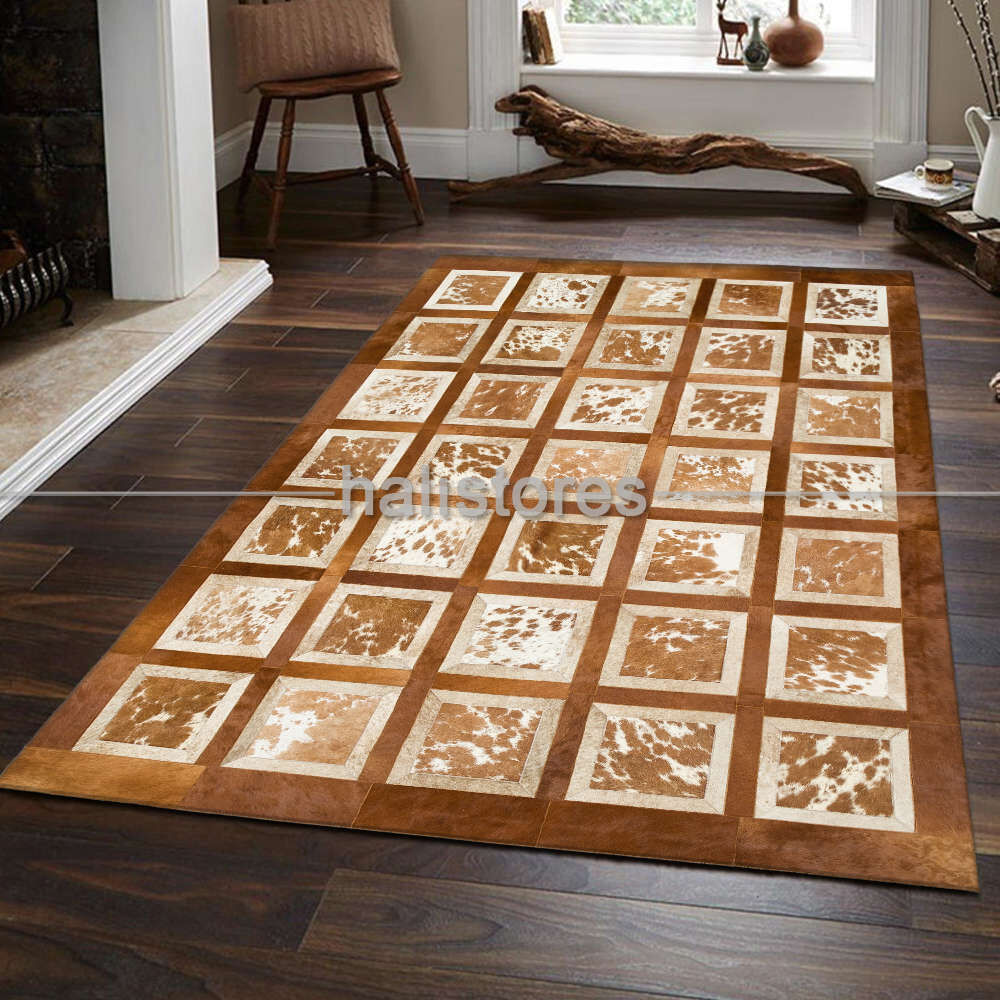 Deri Patchwork Halı Kübik Kahve-Krem