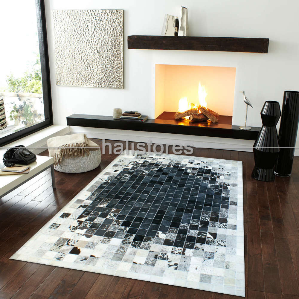 Deri Patchwork Halı Siyah-Beyaz Geçişli