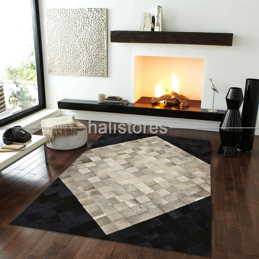 Deri Patchwork Halı Siyah Geçişli