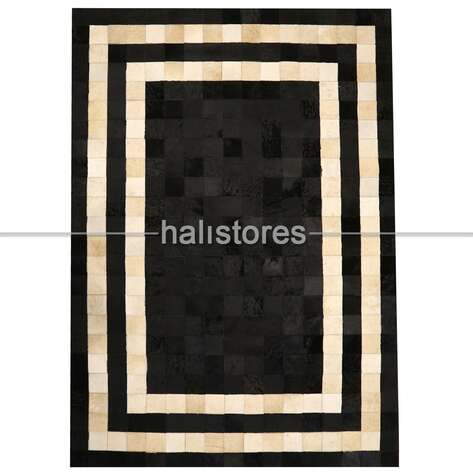 Deri Patchwork Halı Siyah-Krem - 2
