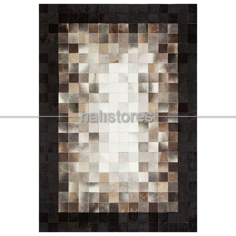 Deri Patchwork Halı Siyah-Krem Geçişli