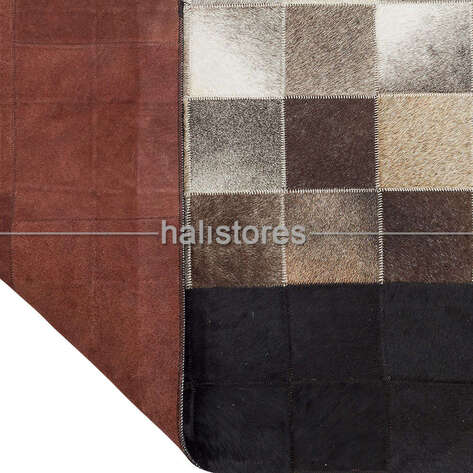 Deri Patchwork Halı Siyah-Krem Geçişli - 4