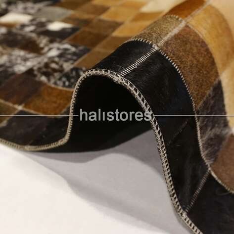 Deri Patchwork Krem-Kahve Geçişli Halı - 4