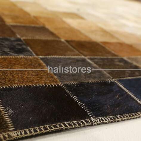 Deri Patchwork Krem-Kahve Geçişli Halı - 5