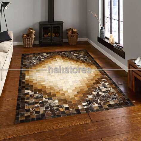Deri Patchwork Krem-Kahve Geçişli Halı - 1