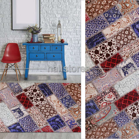 Desenli Ucuz Halı Patchwork Mavi - 1