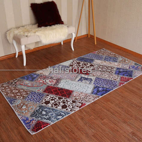 Desenli Ucuz Halı Patchwork Mavi - 2