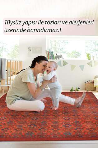 Vintage Eskitme Desenli Dokuma Taban Dekoratif Kırmızı Halı HS 227 - 7