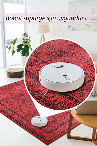 Vintage Eskitme Desenli Dokuma Taban Dekoratif Kırmızı Halı HS 29 - 5
