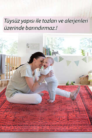 Vintage Eskitme Desenli Dokuma Taban Dekoratif Kırmızı Halı HS 29 - 7