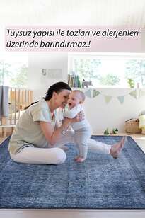 Vintage Eskitme Desenli Dokuma Taban Dekoratif Lacivert Halı HS 138 (7)
