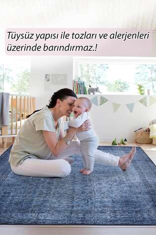 Vintage Eskitme Desenli Dokuma Taban Dekoratif Lacivert Halı HS 138 - 7