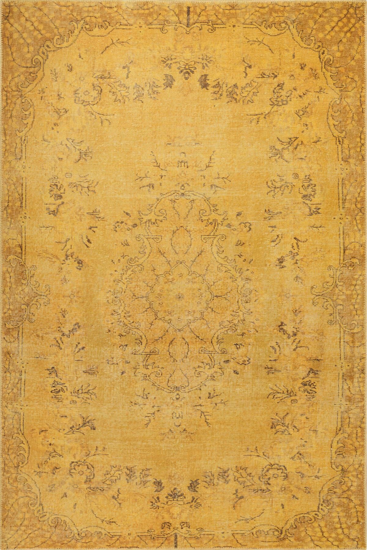 Vintage Eskitme Desenli Dokuma Taban Dekoratif Sarı Halı HS 27