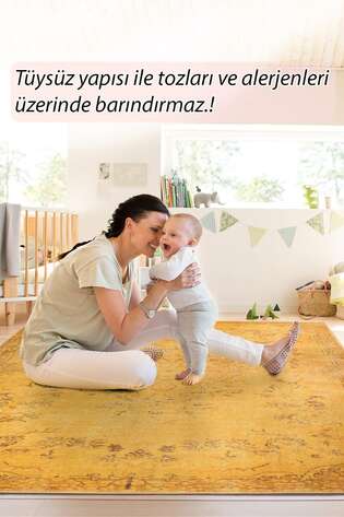 Vintage Eskitme Desenli Dokuma Taban Dekoratif Sarı Halı HS 27 - 7