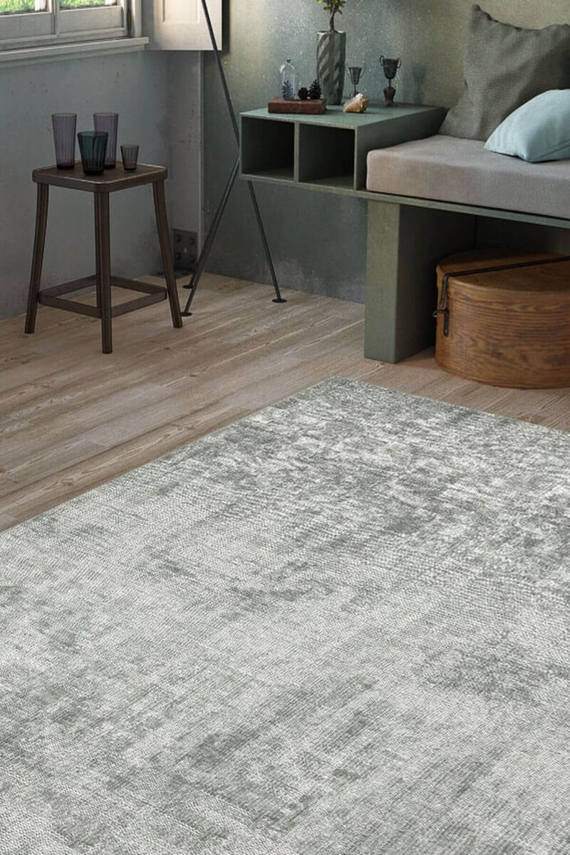 Vintage Eskitme Desenli Dokuma Taban Dekoratif Yeşil Halı HS 204
