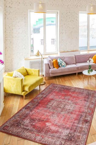 Eskitme Vintage Desenli Dokuma Taban Dekoratif Kırmızı Halı HS 119 - 2