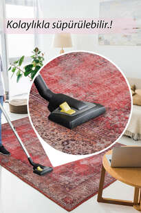 Eskitme Vintage Desenli Dokuma Taban Dekoratif Kırmızı Halı HS 119 (6)