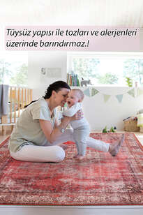 Eskitme Vintage Desenli Dokuma Taban Dekoratif Kırmızı Halı HS 119 (7)
