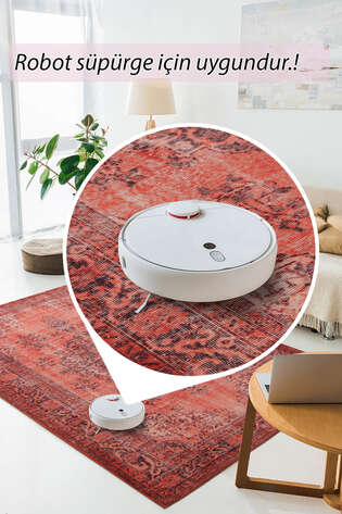Eskitme Vintage Desenli Dokuma Taban Dekoratif Kırmızı Halı HS 131 - 5