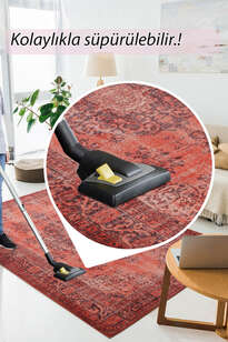 Eskitme Vintage Desenli Dokuma Taban Dekoratif Kırmızı Halı HS 131 (6)