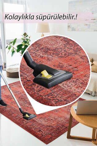 Eskitme Vintage Desenli Dokuma Taban Dekoratif Kırmızı Halı HS 131 - 6