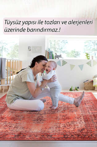 Eskitme Vintage Desenli Dokuma Taban Dekoratif Kırmızı Halı HS 131 - 7