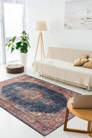 Eskitme Vintage Desenli Dokuma Taban Dekoratif Lacivert Halı HS 26 - 2