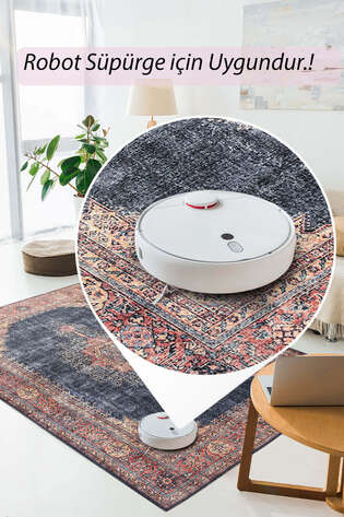 Eskitme Vintage Desenli Dokuma Taban Dekoratif Lacivert Halı HS 26 - 5
