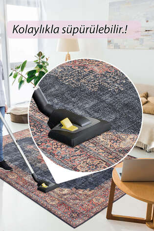 Eskitme Vintage Desenli Dokuma Taban Dekoratif Lacivert Halı HS 26 - 6