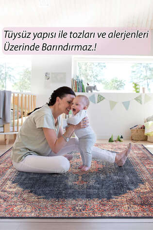 Eskitme Vintage Desenli Dokuma Taban Dekoratif Lacivert Halı HS 26 - 7