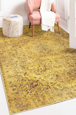 Eskitme Vintage Desenli Dokuma Taban Dekoratif Sarı Halı HS 24 - 2