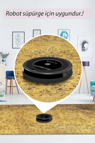 Eskitme Vintage Desenli Dokuma Taban Dekoratif Sarı Halı HS 24 - 5