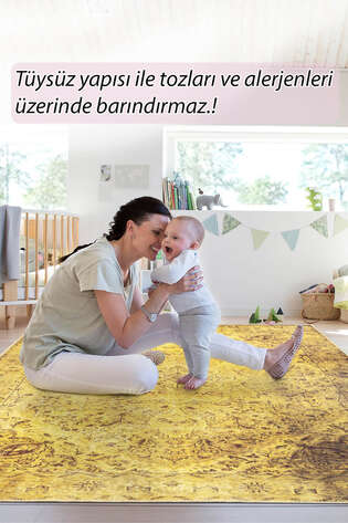 Eskitme Vintage Desenli Dokuma Taban Dekoratif Sarı Halı HS 24 - 7