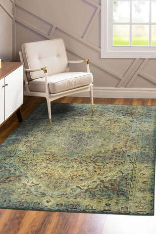 Eskitme Vintage Desenli Dokuma Taban Dekoratif Yeşil Halı HS 23 - 2