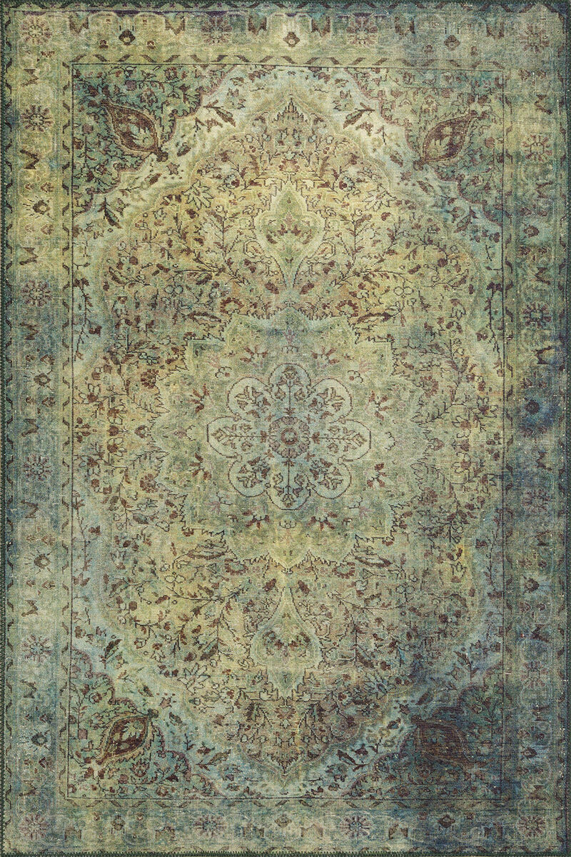 Eskitme Vintage Desenli Dokuma Taban Dekoratif Yeşil Halı HS 23