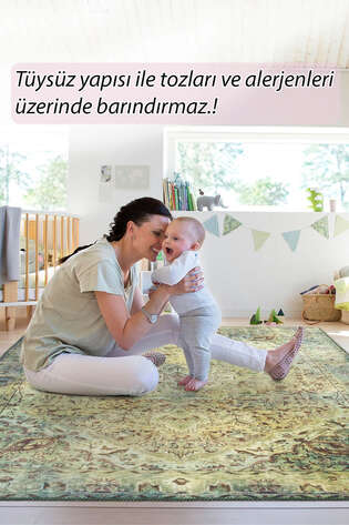 Eskitme Vintage Desenli Dokuma Taban Dekoratif Yeşil Halı HS 23 - 7