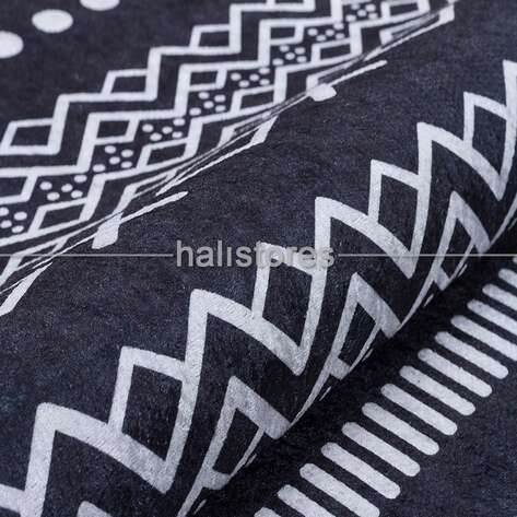 Etnik Desenli Baskılı Siyah Beyaz Yolluk Halı Zen - 3