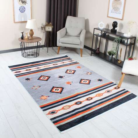 Etnik Desenli El Dokuma Görünümlü Yumuşak Dokulu Yıkanabilir Halı - 1