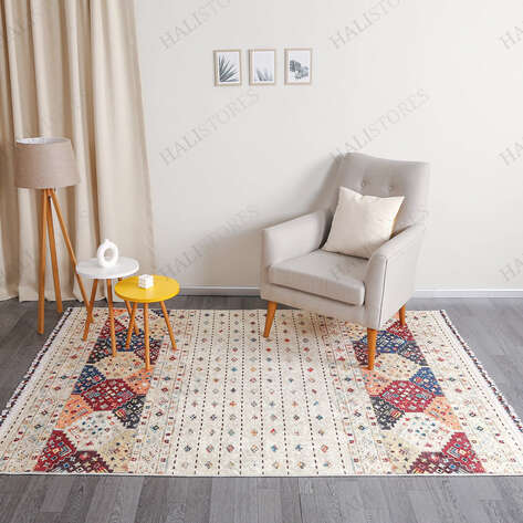 Etnik Desenli Krem Kilim Halı Milas 5034 - 1
