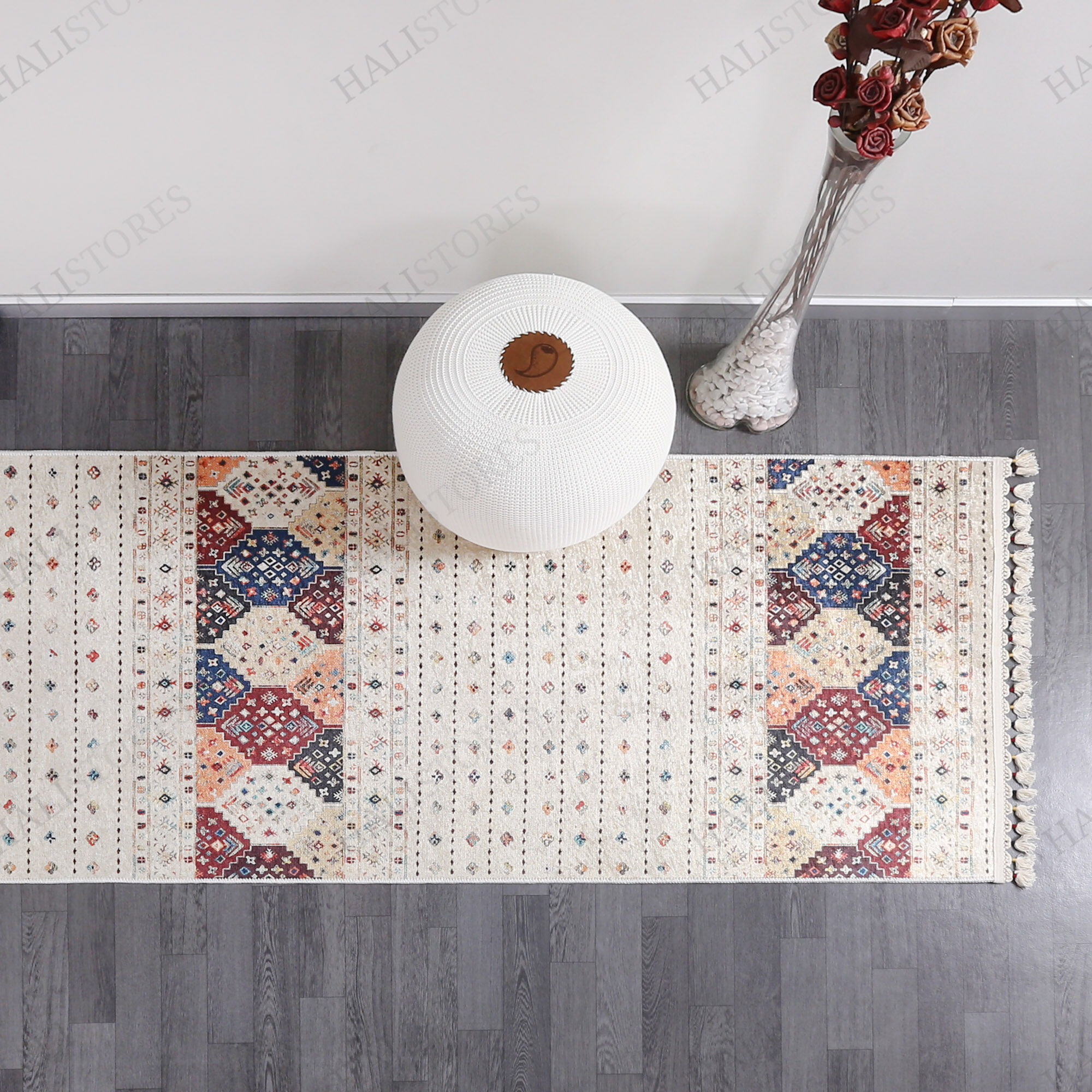 Etnik Desenli Krem Yolluk Halı Milas 5034