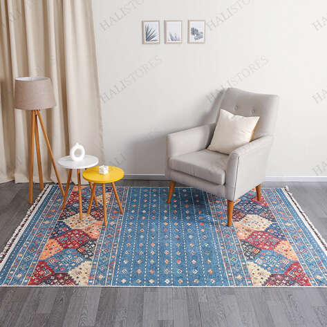Etnik Desenli Mavi Kilim Halı Milas 5035 - 1