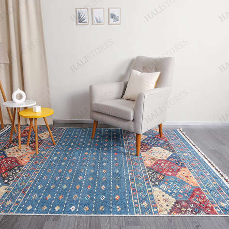 Etnik Desenli Mavi Kilim Halı Milas 5035 - 3
